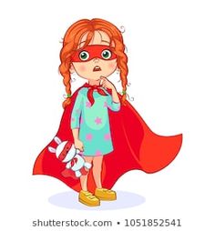 Little Super girl thinking and holding in her hand a white bunny toy. Funny girl dressed as a super hero with mask and red cape. Isolated Colorful vector illustration. Girl Thinking, White Bunny, Funny Girl, Kids Clipart