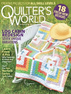 the cover of quilter's world magazine with a chair and hat on it