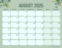 a green calendar with flowers on the front and back side, for august to december