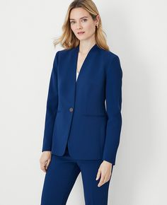 The Petite Long Collarless Blazer in Fluid Crepe Collarless Blazer, Ann Taylor Petite, Knitted Suit, Hip Style, Open Sleeve, Womens Blazers, Suit Separates, Crepe Fabric