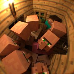 an aerial view of several cardboard boxes in a room