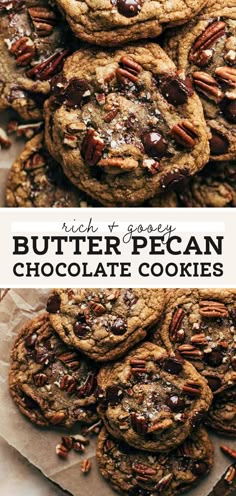 chocolate pecan cookies stacked on top of each other with pecans in the middle