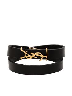 Leather Monogram, Logo Jewelry, Designer Bracelets, Double Wrap Bracelet, Ysl Logo, Girly Accessories, Engraved Logo, Bracelets For Women, Gold Tone Metal