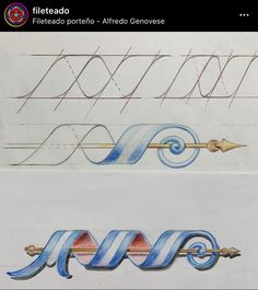 two different types of writing with blue and red swirls on the top one is gold