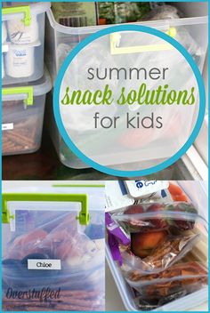 some plastic containers filled with food and the words summer snack selections for kids