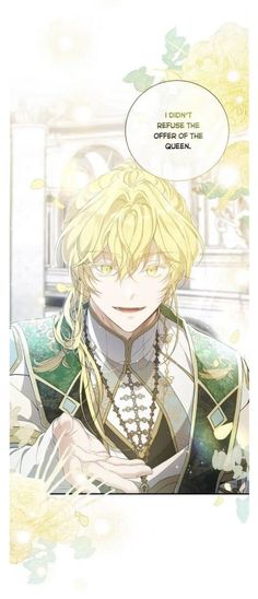 an anime character with blonde hair wearing a green and white outfit, holding his hand on his chest