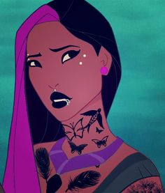 an animated image of a woman with purple hair and tattoos on her chest, looking at the camera