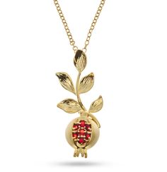 Introducing the Pamela Twig Necklace: a fresh addition to any jewelry collection. This unique necklace features a half-open pomegranate fruit with zircon gemstone seeds and a golden leaf, symbolizing the essence of life. With an adjustable 16"-18" chain and 18K gold plating, this necklace adds a touch of elegance to any outfit. Brass Casting 8mm 14K real gold plating Red Zircone stone (Zircon is a colorful gem with high refraction and fire that's unfairly confused with cubic zirconia.) Designed and Produced by Anet Abnous Open Pomegranate, How To Open Pomegranate, Michael Aram Black Orchid, Pomegranate Necklace, Pomegranate Jewelry, Pomegranate Fruit, Zircon Gemstone, Golden Leaf, Shiny Objects