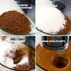 four pictures showing how to make chocolate cake mix in a food processor and then blending