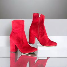 A Covered Block Heel Elevates A Sleek And Striking Bootie In A Pointed Toe Silhouette. Almond Toe. Beautiful Silver Hardware, Engraved With 'Mf'. Side Zipper Closure For Easy On And Off. Minimalist, Modern Cut And Silhouette. Sophisticated And Always On Trend, Cherry Red. Offers A Pop Of Color, Or They Make A Statement All On Their Own. Suede Like Fabric, Beautiful And Soft. Textile Upper, Man Made Lining And Sole. Women's Size 8 Measurements: 5" Shaft Height 10.5" Opening Circumference 3" Block Red Block Heels, Heel Stretch, Red Boots, Marc Fisher, Minimalist Modern, Suede Ankle Boots, Red Shoes, Womens Boots Ankle, Cherry Red