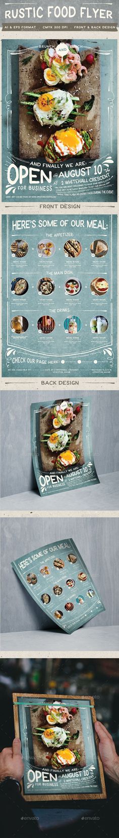 an advertisement for a restaurant with different menus and prices on the front, back and side