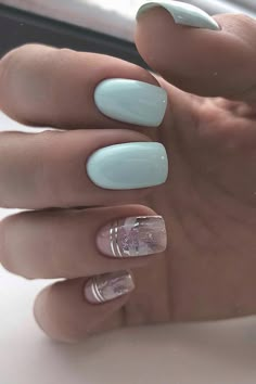 nail design wedding light blue and trendy silver foil effect nail_addict Cute Nail, Nails Blue, Nail Design Ideas, Fancy Nails, Square Nails, Gorgeous Nails