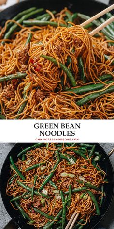 green bean noodles in a skillet with chopsticks on the side and an image of