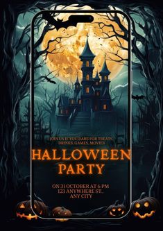 a halloween party poster with pumpkins in front of a castle