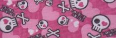 a pink background with skulls and hearts