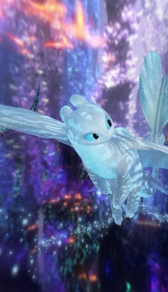 an animated image of a dragon flying through the air with its wings extended and eyes closed