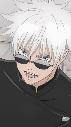 an anime character with white hair and sunglasses on his face, looking at the camera