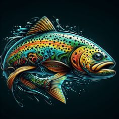 a rainbow colored fish with bubbles on it's body and water droplets around it