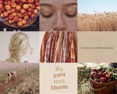 a collage of pictures with words and images on them, including apples in a basket