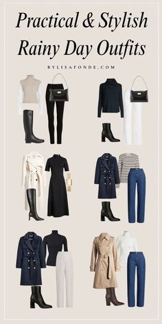 Practical Chic Outfits, Find My Personal Style, Feminine Rainy Day Outfit, High 60s Weather Outfit, Work Outfits Women Rainy Day, Classy Rainy Day Outfit, Cold Rainy Day Outfit Work, Rainy Day Business Casual Outfits, Outfits For A Rainy Day