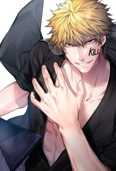 an anime character with blonde hair holding his hands up to the chest and wearing black clothes