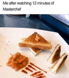 two pieces of toasted bread with beans on them and one piece of peanut butter