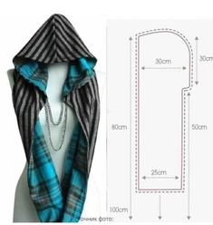 an image of a women's scarf with hoodie on the front and measurements