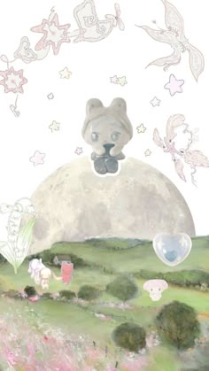 there is a bear that is sitting on top of a hill with other animals around it