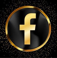 a black and gold button with the letter f in it's center surrounded by golden confetti