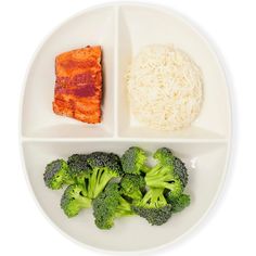 a white plate with broccoli, rice and salmon on it's side