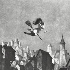 a black and white drawing of a woman flying through the air with a broom in her hand