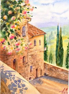 watercolor painting of an old building with flowers on the roof and trees in the background