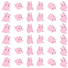 pink plastic animal charms with black eyes and ears on white background, set of 20