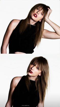 two photos of a woman with long hair and red lipstick, one in black dress