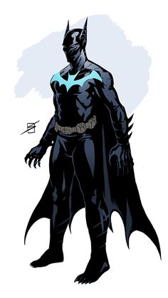 a drawing of the batman standing in front of a white background with black and blue colors