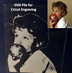 a child with a pacifier in his mouth next to an advertisement for a cricut engraving