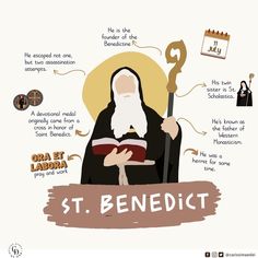 an image of st benedict reading the bible with infos about his life and work