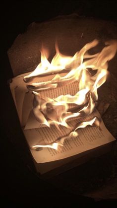 an open book with flames coming out of it