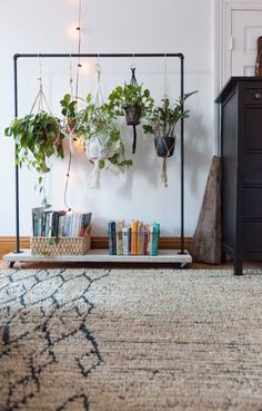 a living room with plants hanging on the wall and bookshelf in front of it