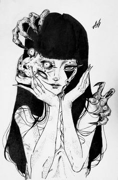 a black and white drawing of a woman holding her hands up to her face with both hands