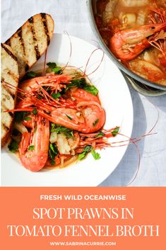 a white plate topped with shrimp next to a bowl of soup