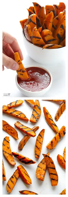 grilled sweet potato wedges being dipped with ketchup and served in a white bowl