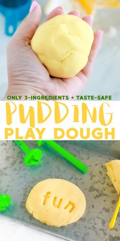 a person holding a doughnut in their hand with the words puddinging play dough on it