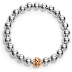 A highly polished sterling silver bracelet with a 18k Rose Gold Caviar beaded accent. Rose Gold Beaded Bracelet, Gold Bead Bracelet, Lagos Jewelry, Sculptural Jewelry, Rose Gold Beads, Gold Bead Bracelets, Engraved Items, Sterling Silver Bracelet, Bead Bracelet