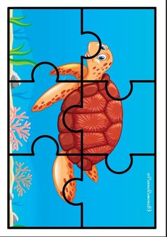 a puzzle with an image of a turtle on it's side and the missing piece