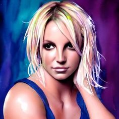 a digital painting of a woman with blonde hair and black eyes, wearing a blue tank top