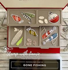 the gone fishing stamp set is in its box and it's ready to be used