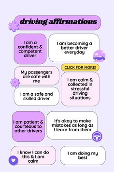 a purple and white poster with different phrases on it, including words that say driving affirm