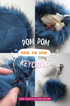 there is a blue pom pom keychain that has been sewn