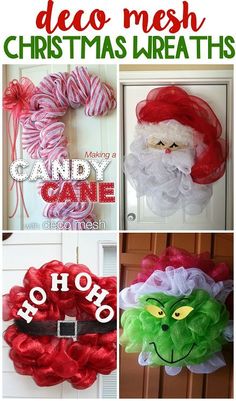 christmas wreaths made from mesh and yarn with the words, diy mesh christmas wreaths